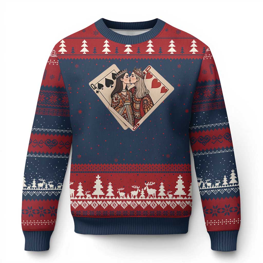 Lesbian Pride Ugly Christmas Sweater Vintage Kissing Cards Sapphic Art - Wonder Print Shop