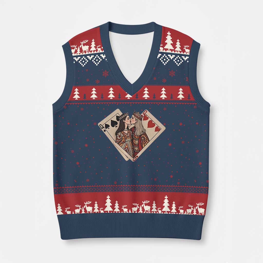 Lesbian Pride V-Neck Knit Sweater Vest Vintage Kissing Cards Sapphic Art - Wonder Print Shop