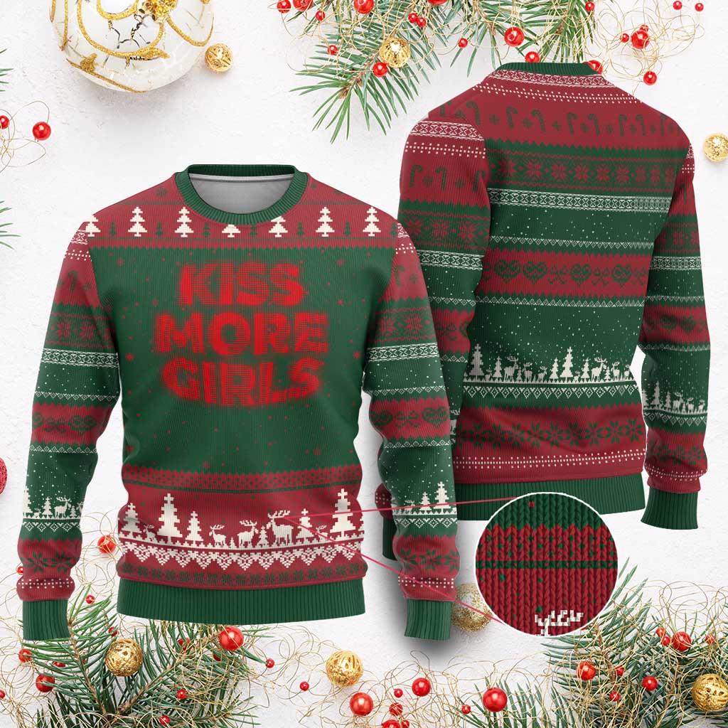 Lesbian Ugly Christmas Sweater Kiss More Girls Funny Pride Month - Wonder Print Shop