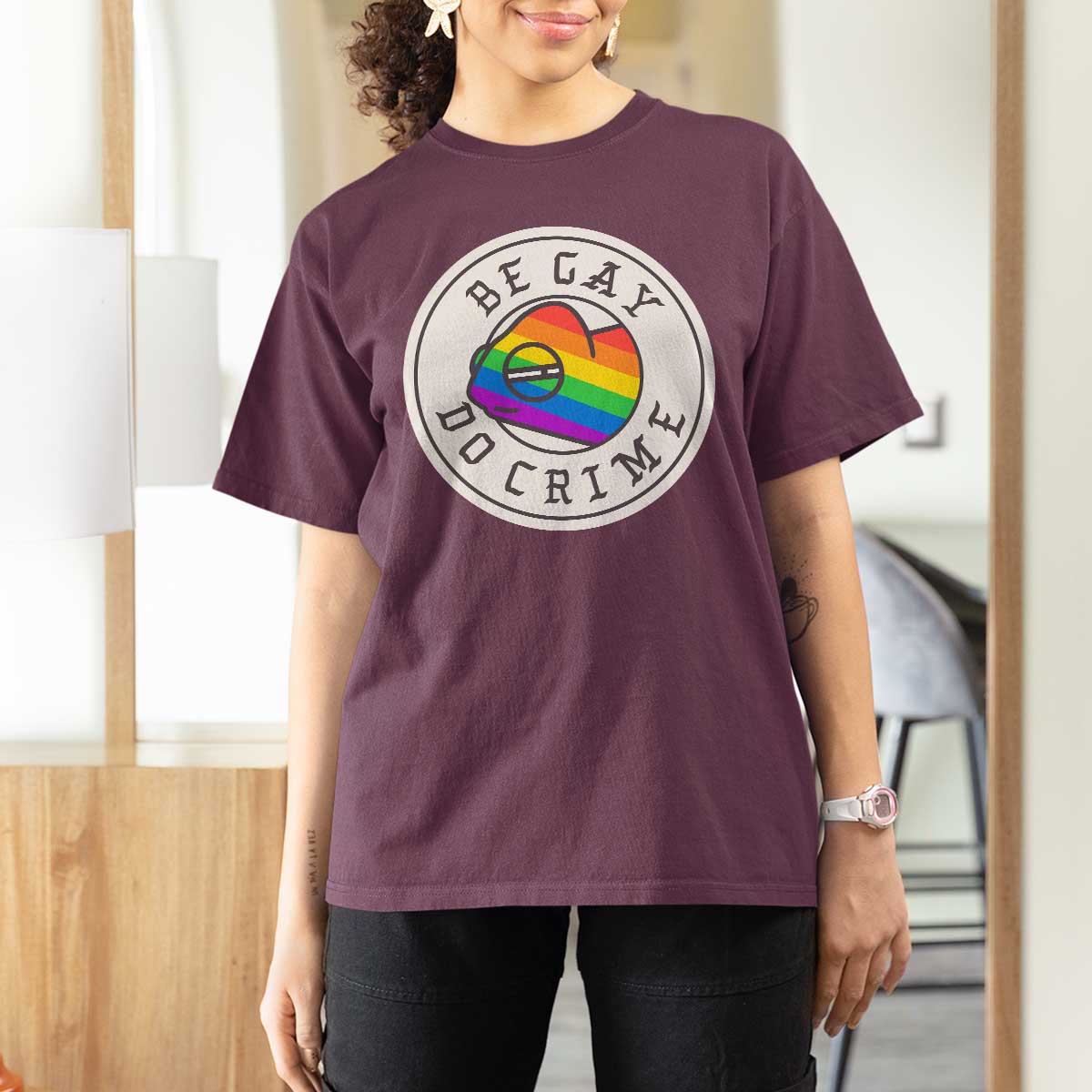 Be Gay Do Crime Rainbow Chameleon LGBTQ Pride Flag T Shirt For Women - Wonder Print Shop