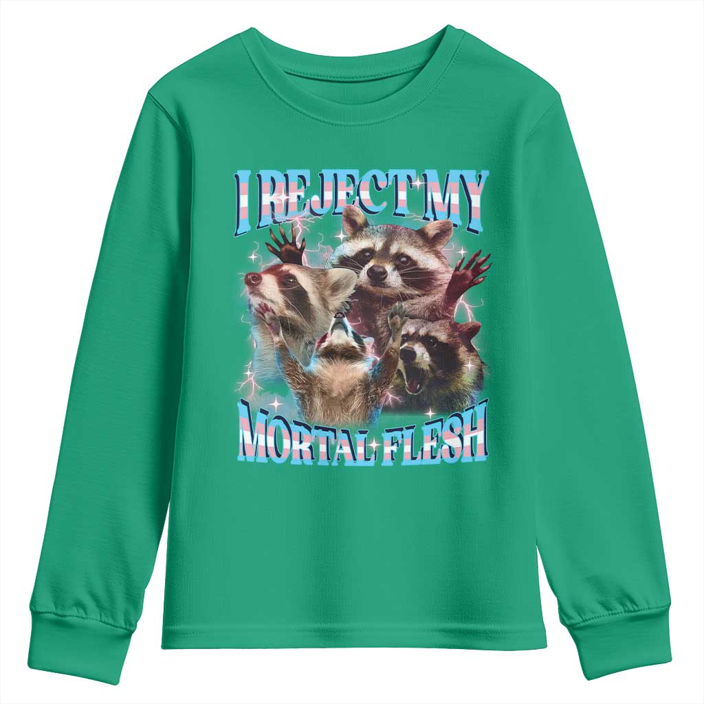 Funny LGBT Trans Pride Youth Sweatshirt I Reject My Mortal Flesh Transgender Racoon Bootleg