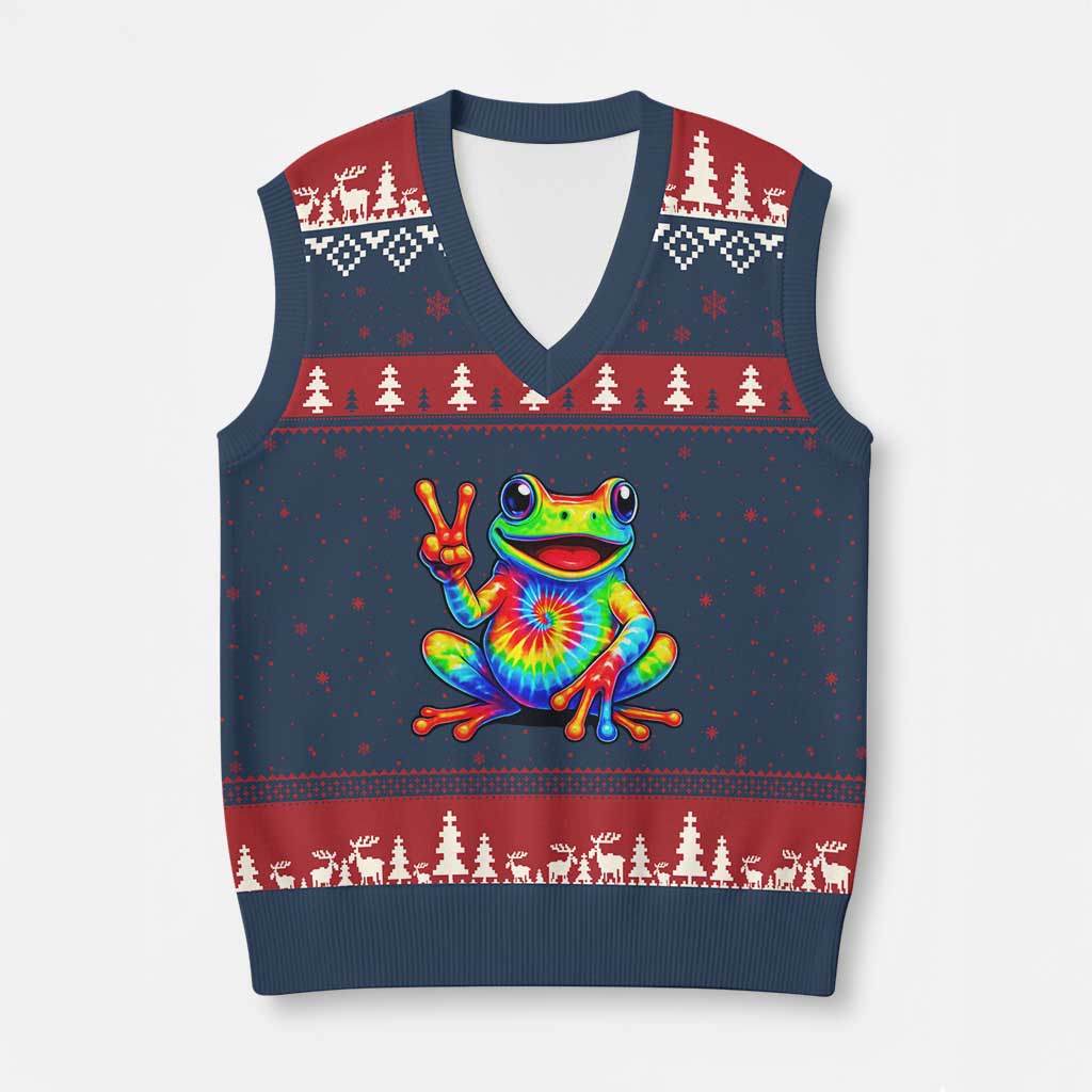 Tie-Dye Frog Peace Sign Hippie V-Neck Knit Sweater Vest Toad Trends Effect Printing - Wonder Print Shop