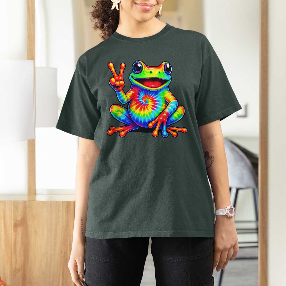 Tie-Dye Frog Peace Sign Hippie T Shirt For Women Toad Trends Effect Printing - Wonder Print Shop