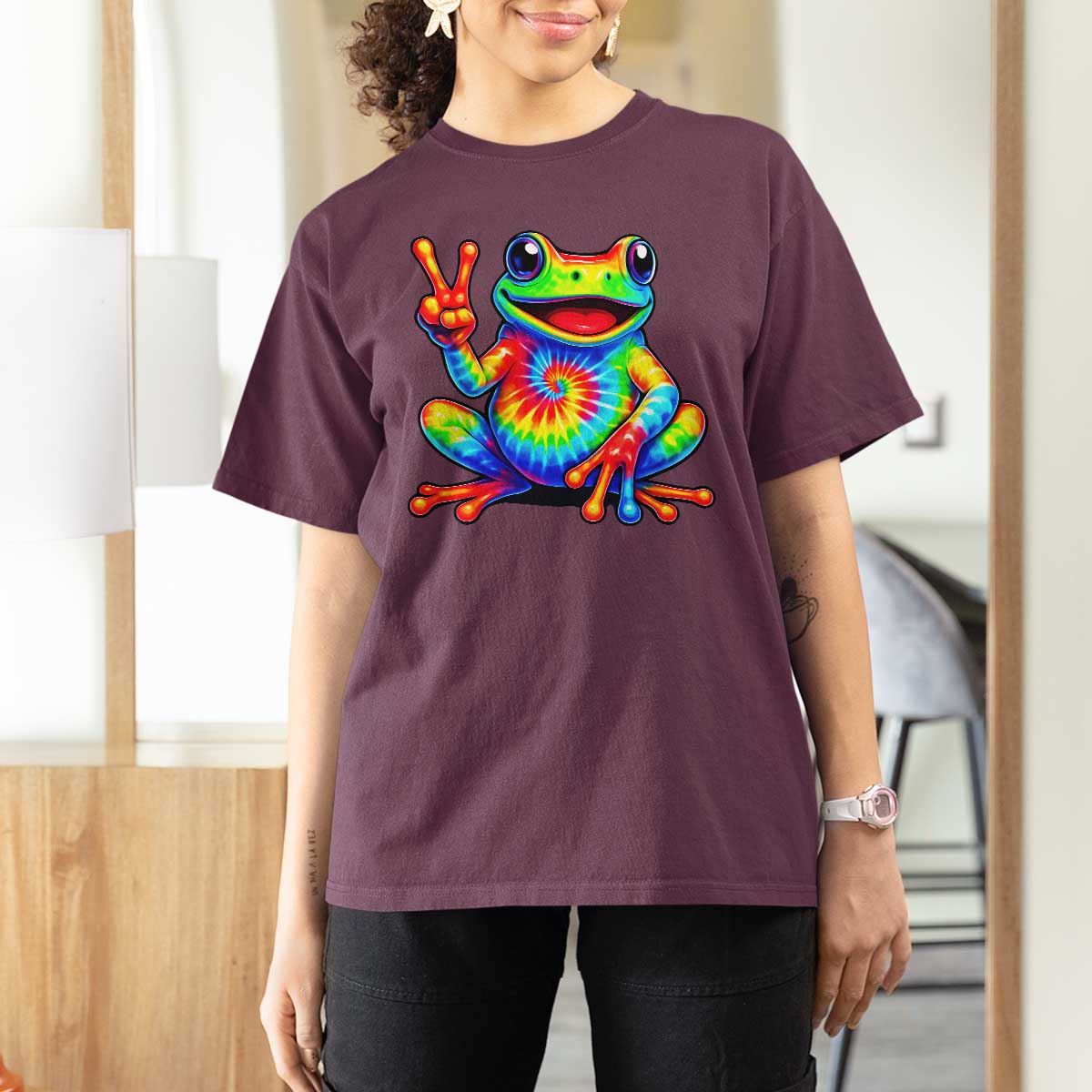 Tie-Dye Frog Peace Sign Hippie T Shirt For Women Toad Trends Effect Printing - Wonder Print Shop