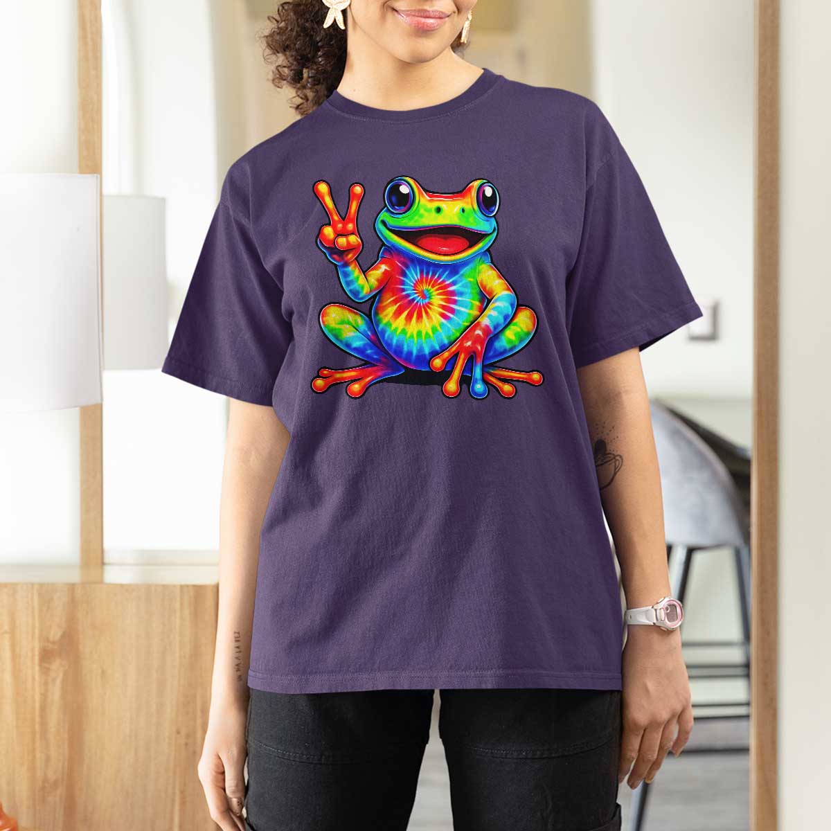 Tie-Dye Frog Peace Sign Hippie T Shirt For Women Toad Trends Effect Printing - Wonder Print Shop