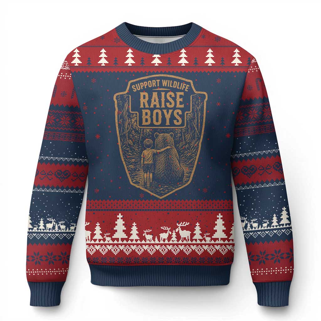 Support Wildlife Raise Boys Ugly Christmas Sweater Funny Mama Bear Outdoor Family Nature Lover Gift
