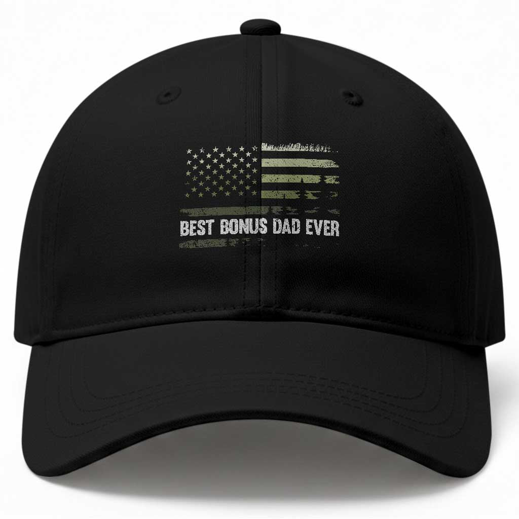 Best Bonus Dad Ever Baseball Cap Stepdad American Flag Trees Outdoor Wildlife Nature Vintage Forest