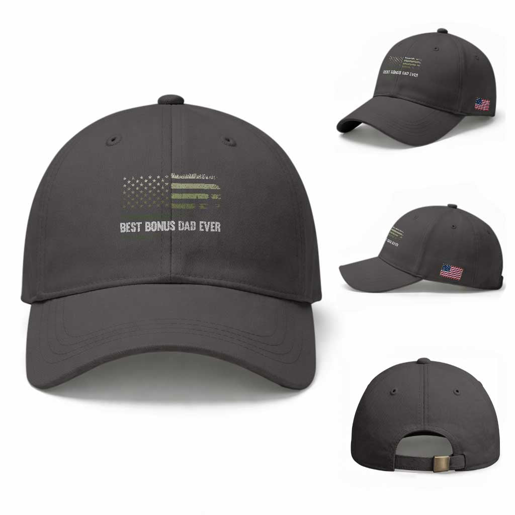 Best Bonus Dad Ever Baseball Cap Stepdad American Flag Trees Outdoor Wildlife Nature Vintage Forest