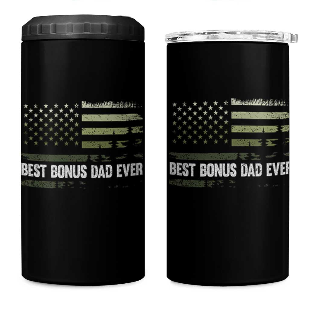 Best Bonus Dad Ever 4 in 1 Can Cooler Tumbler Stepdad American Flag Trees Outdoor Wildlife Nature Vintage Forest