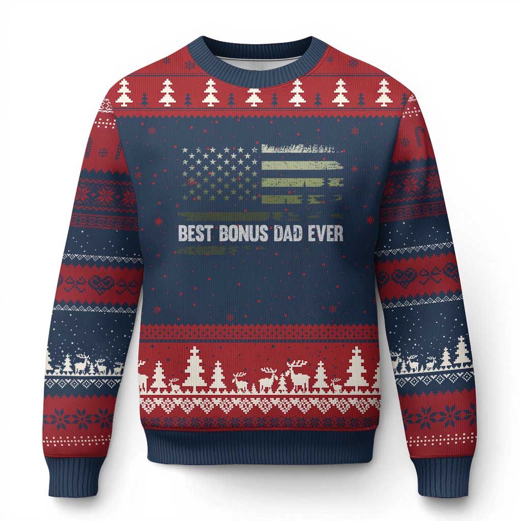 Best Bonus Dad Ever Ugly Christmas Sweater Stepdad American Flag Trees Outdoor Wildlife Nature Vintage Forest
