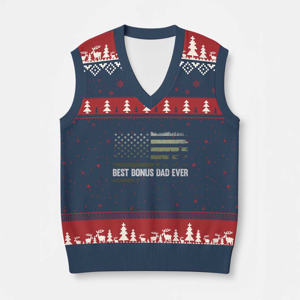 Best Bonus Dad Ever V-Neck Knit Sweater Vest Stepdad American Flag Trees Outdoor Wildlife Nature Vintage Forest