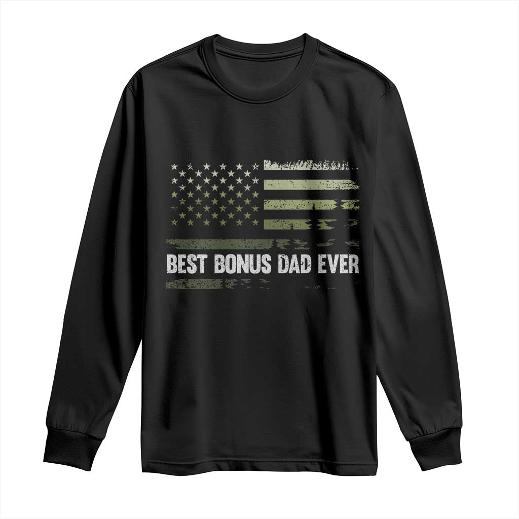 Best Bonus Dad Ever Long Sleeve Shirt Stepdad American Flag Trees Outdoor Wildlife Nature Vintage Forest