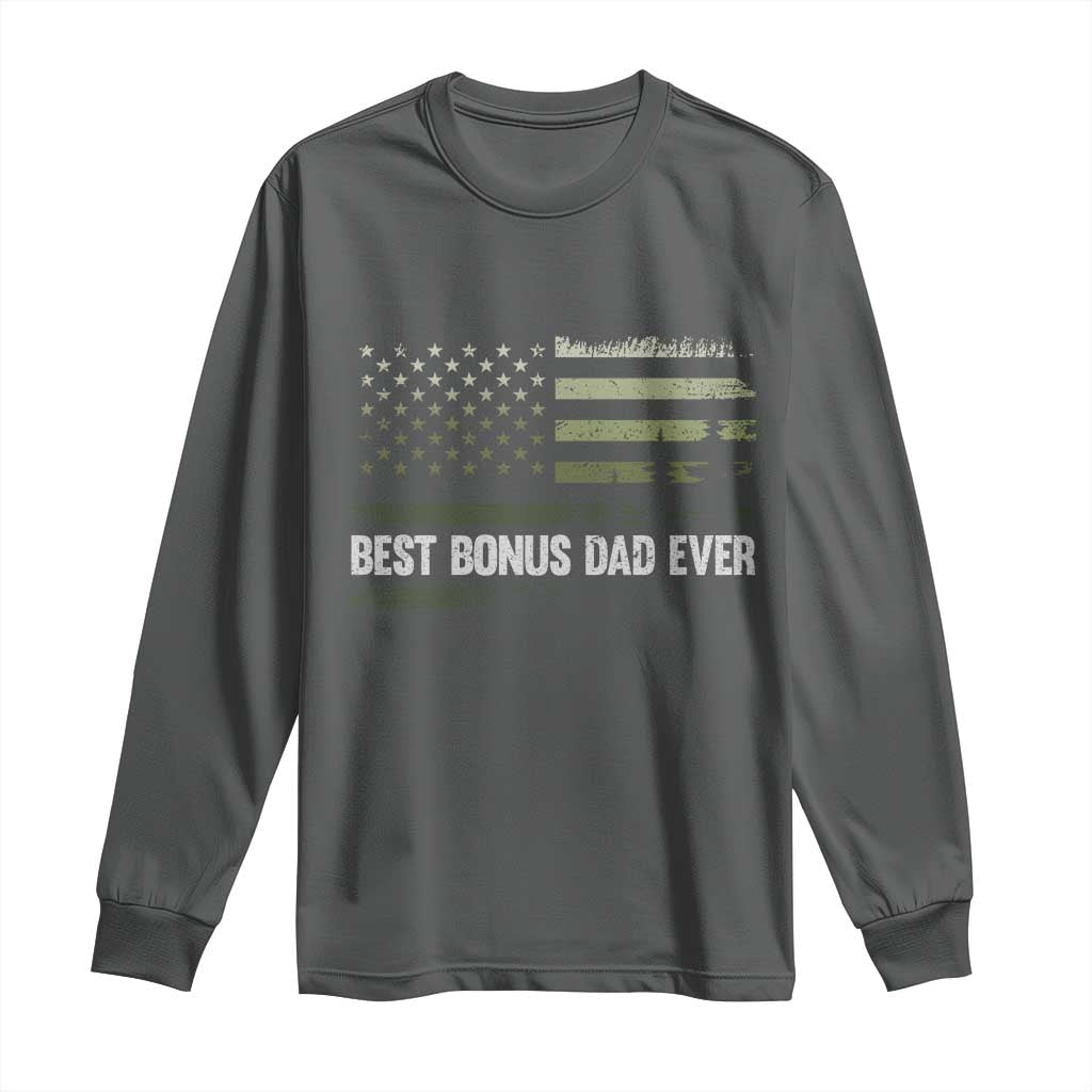 Best Bonus Dad Ever Long Sleeve Shirt Stepdad American Flag Trees Outdoor Wildlife Nature Vintage Forest