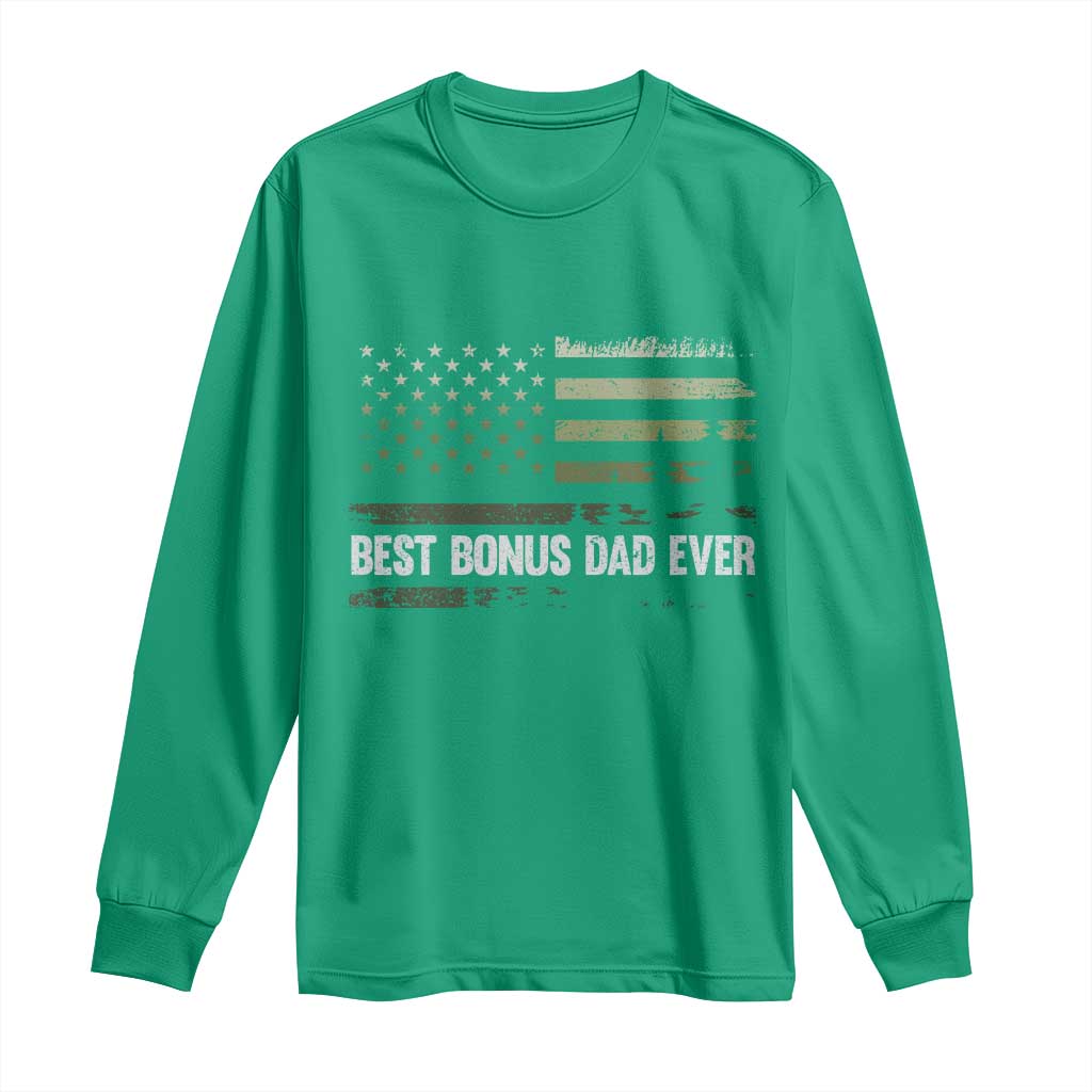 Best Bonus Dad Ever Long Sleeve Shirt Stepdad American Flag Trees Outdoor Wildlife Nature Vintage Forest