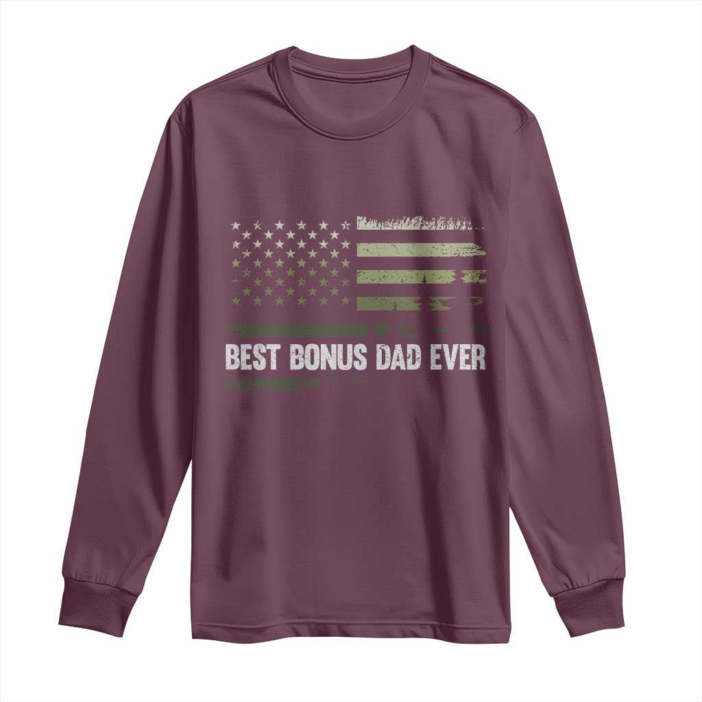 Best Bonus Dad Ever Long Sleeve Shirt Stepdad American Flag Trees Outdoor Wildlife Nature Vintage Forest