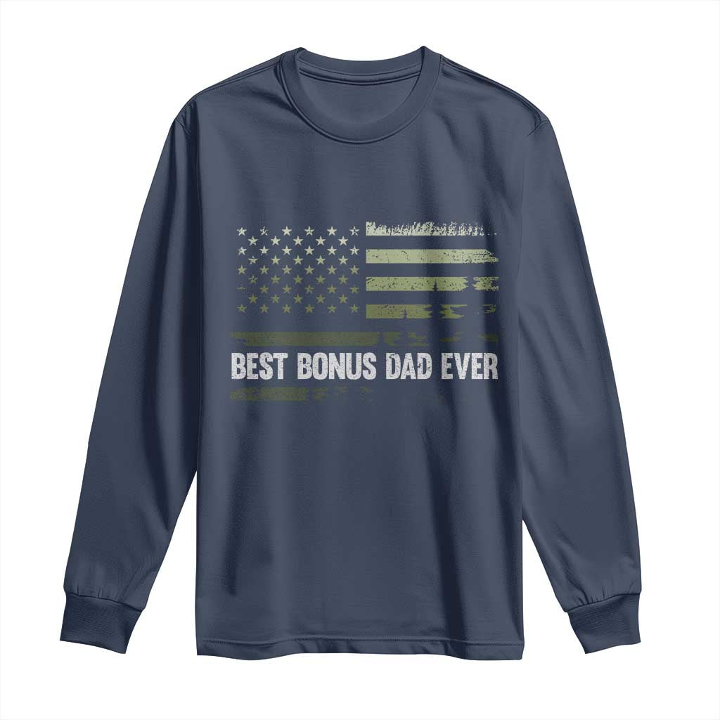 Best Bonus Dad Ever Long Sleeve Shirt Stepdad American Flag Trees Outdoor Wildlife Nature Vintage Forest