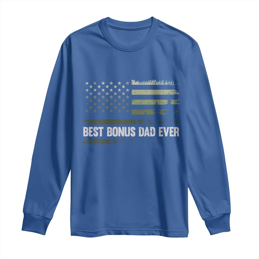 Best Bonus Dad Ever Long Sleeve Shirt Stepdad American Flag Trees Outdoor Wildlife Nature Vintage Forest