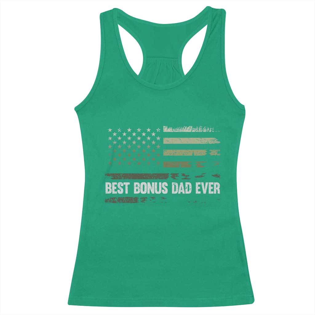 Best Bonus Dad Ever Racerback Tank Top Stepdad American Flag Trees Outdoor Wildlife Nature Vintage Forest