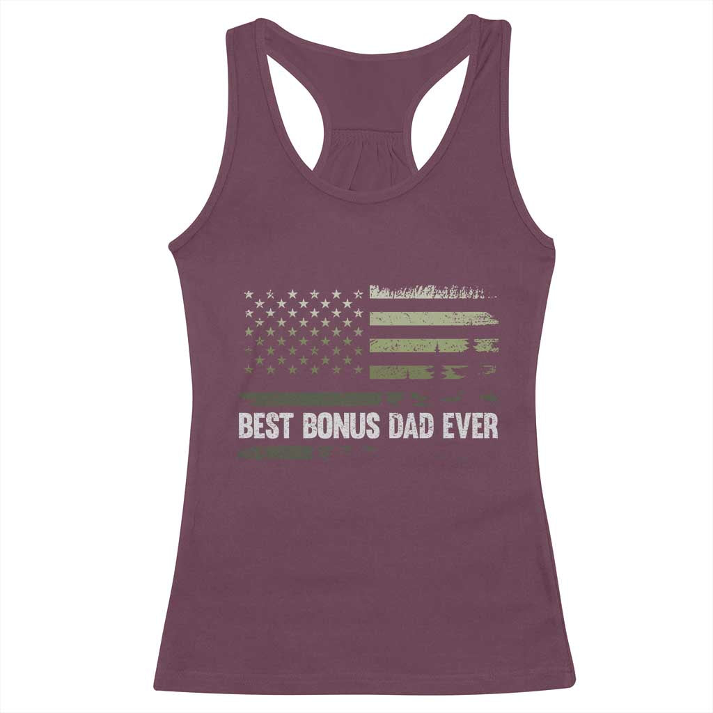 Best Bonus Dad Ever Racerback Tank Top Stepdad American Flag Trees Outdoor Wildlife Nature Vintage Forest