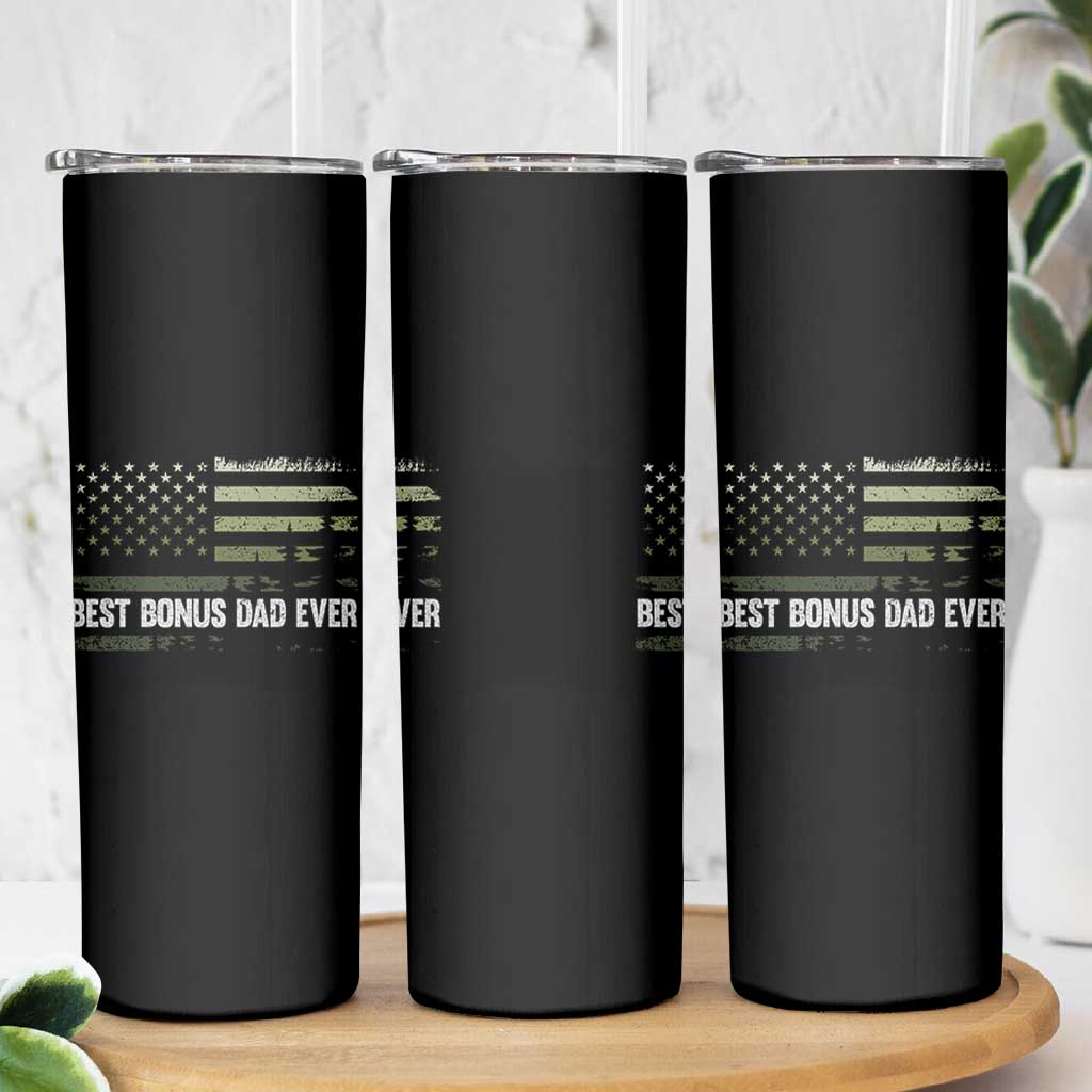 Best Bonus Dad Ever Skinny Tumbler Stepdad American Flag Trees Outdoor Wildlife Nature Vintage Forest