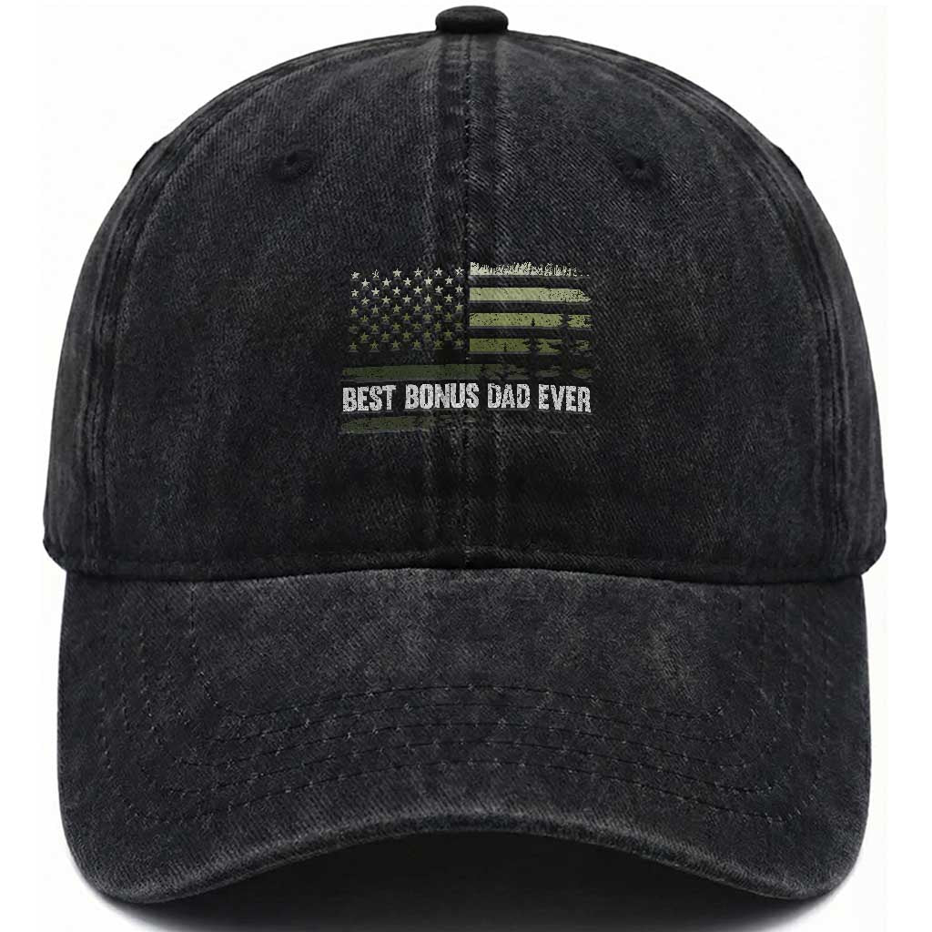 Best Bonus Dad Ever Washed Cotton Baseball Cap Stepdad American Flag Trees Outdoor Wildlife Nature Vintage Forest