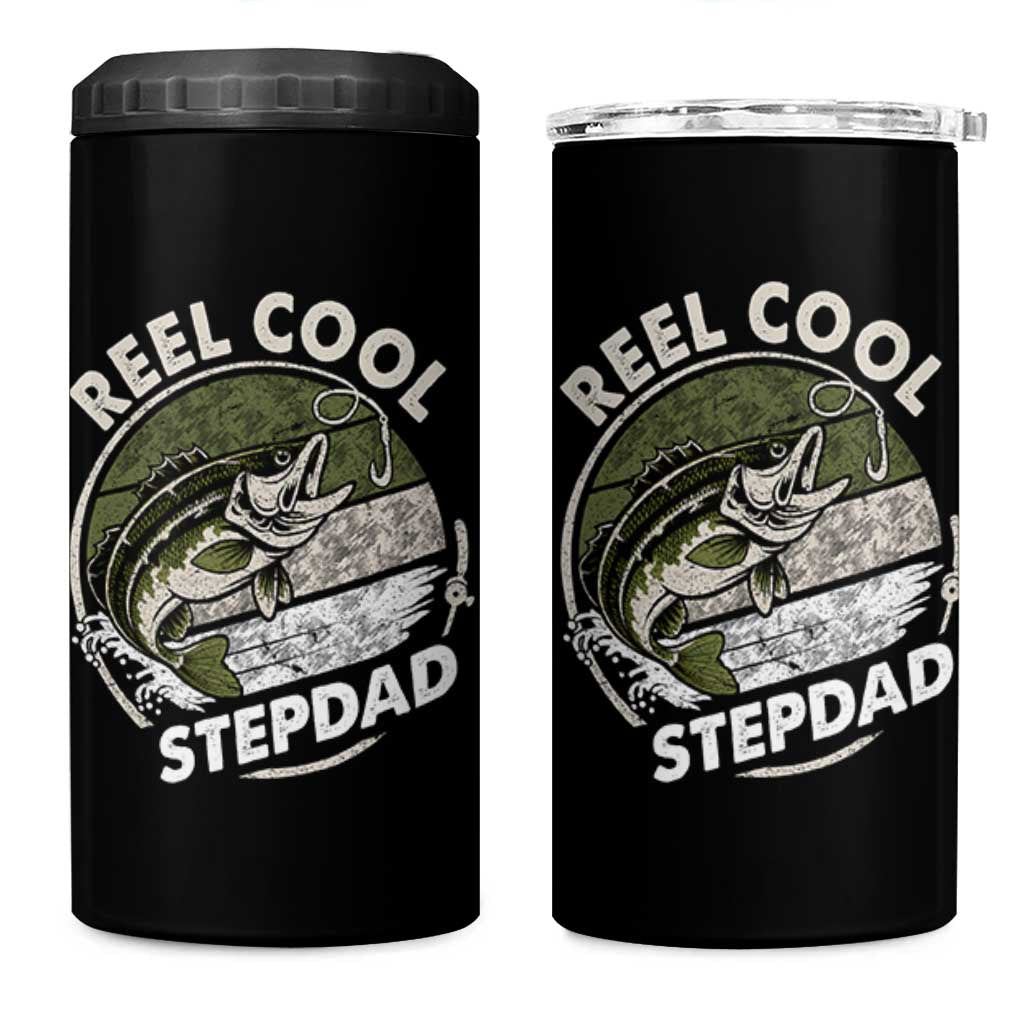 Reel Cool Stepdad 4 in 1 Can Cooler Tumbler Fathers Day Gift for Fisherman Bonus Dad