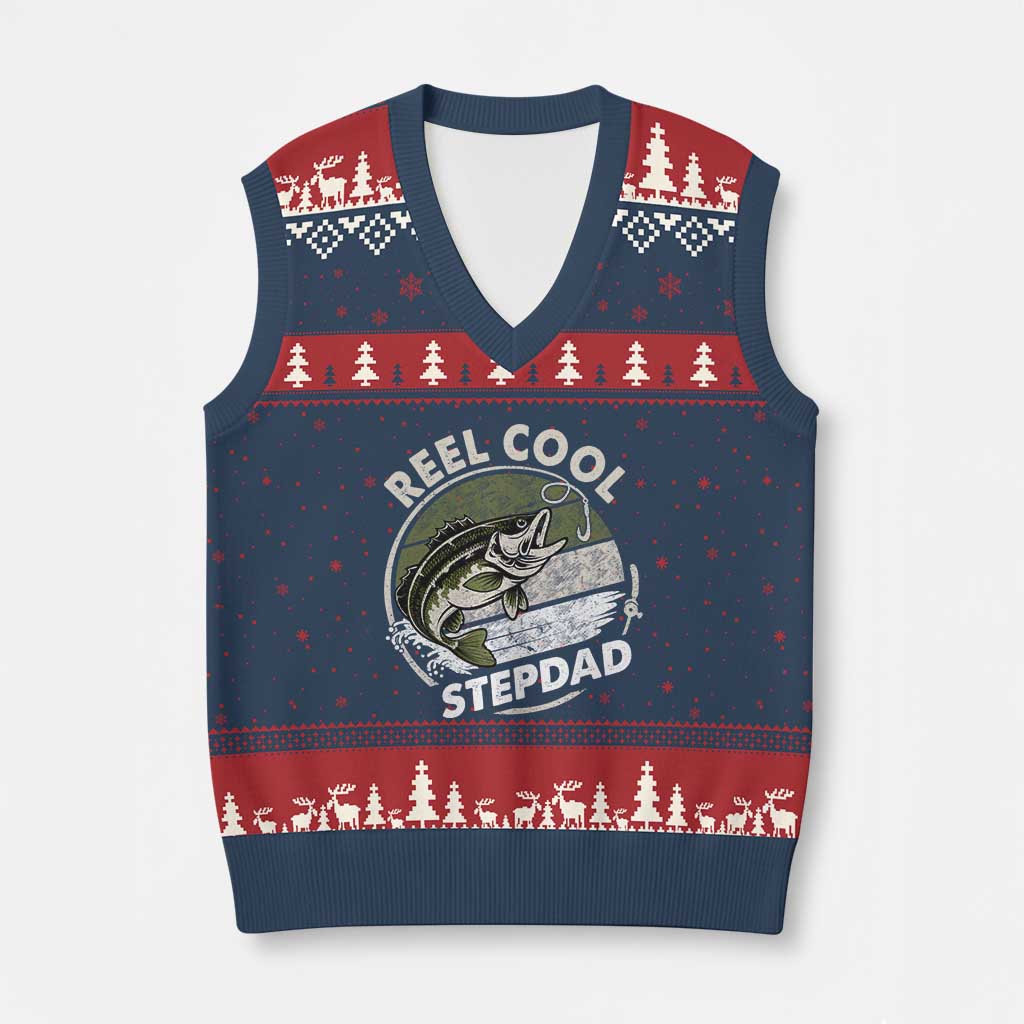 Reel Cool Stepdad V-Neck Knit Sweater Vest Fathers Day Gift for Fisherman Bonus Dad
