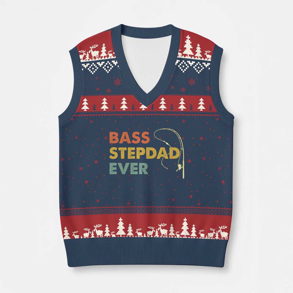 Fishing Bonus Dad V-Neck Knit Sweater Vest Retro Bass Stepdad Ever Fathers Day Fisherman