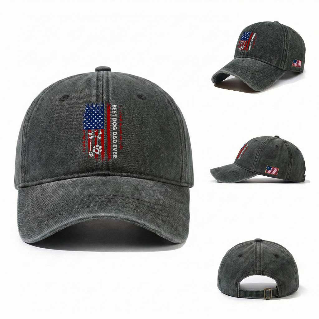 Best Dog Dad Ever Washed Cotton Baseball Cap Fathers Day Gift From Dog USA Flag Puppy Lover Paw