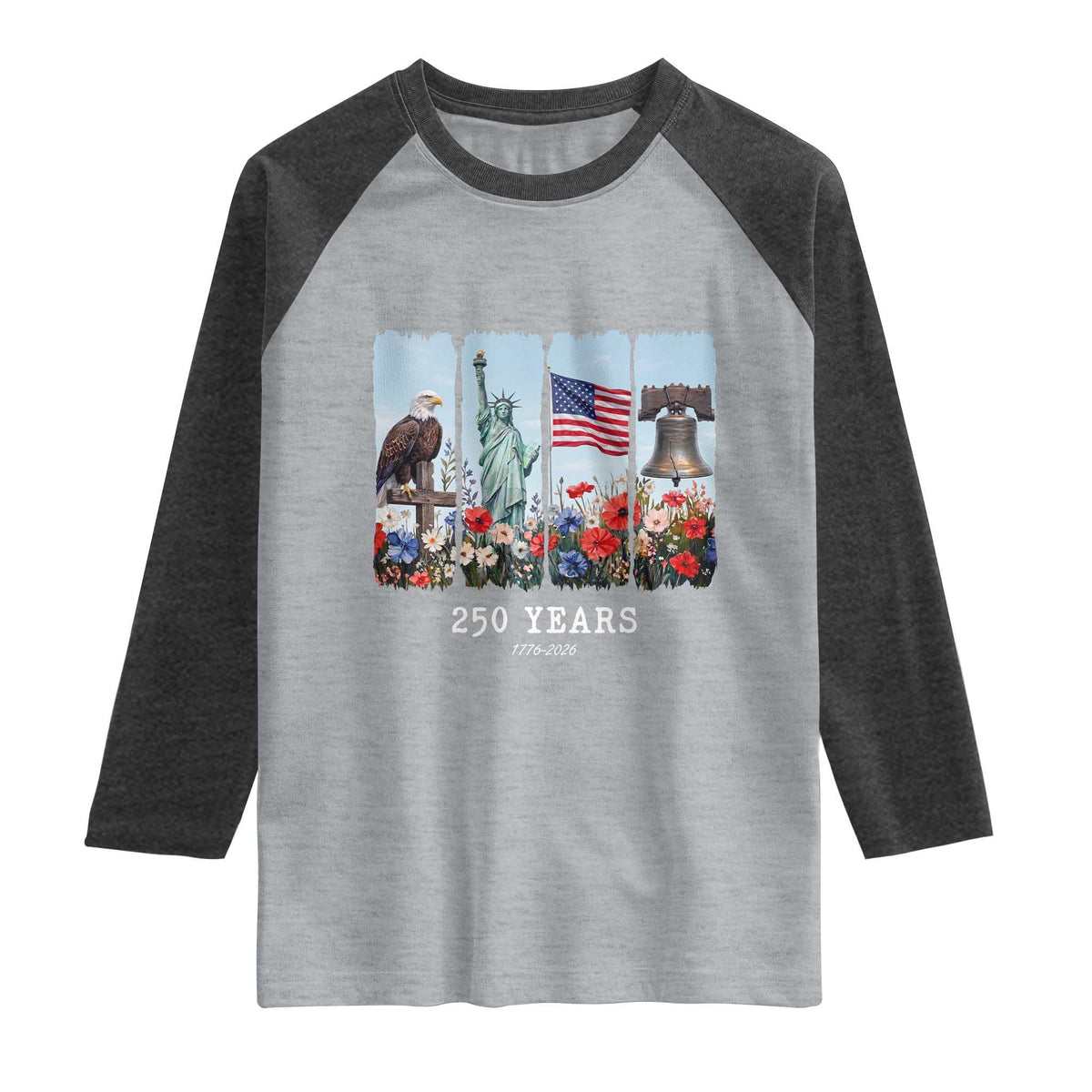 250 Years American 1776 2026 Raglan Shirt 250th 4th July Independence Day Eagle Statue of Liberty Flag