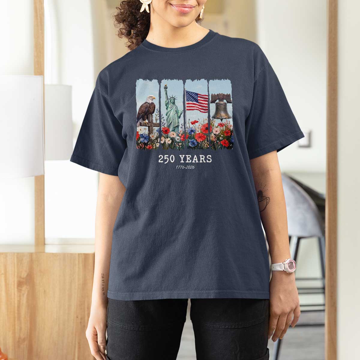 250 Years American 1776 2026 T Shirt For Women 250th 4th July Independence Day Eagle Statue of Liberty Flag