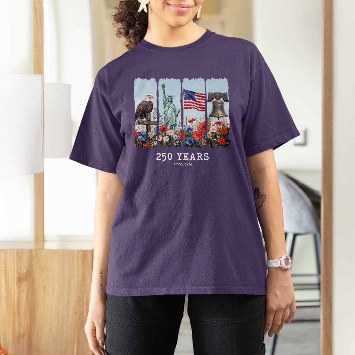 250 Years American 1776 2026 T Shirt For Women 250th 4th July Independence Day Eagle Statue of Liberty Flag