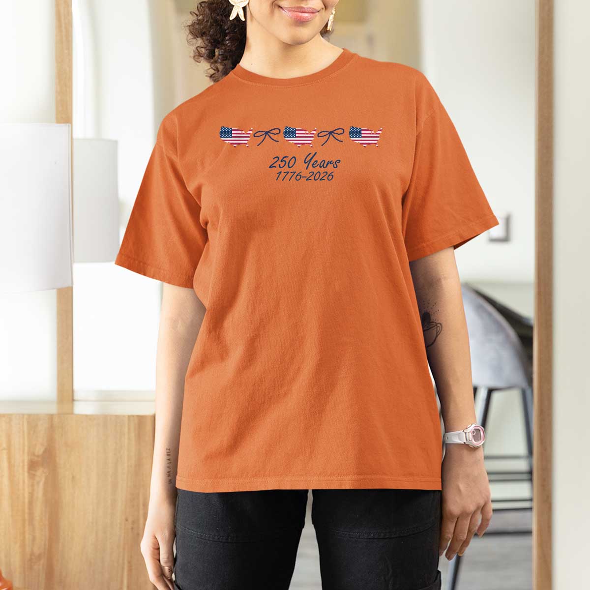 250th Anniversary USA T Shirt For Women American Flag Dainty Bow 4th of July