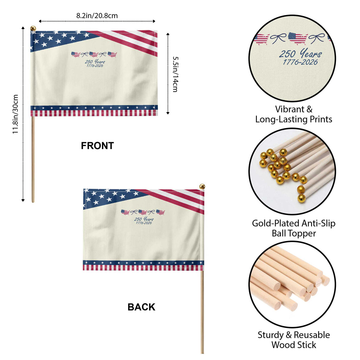 250th Anniversary USA Patriotic Handheld Flag American Flag Dainty Bow 4th of July