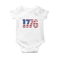 Distressed Faux Patchwork 1776 USA Flag Baby Onesie Vintage Effect Printing Patriotic Graphic 4th Of July Independence Day