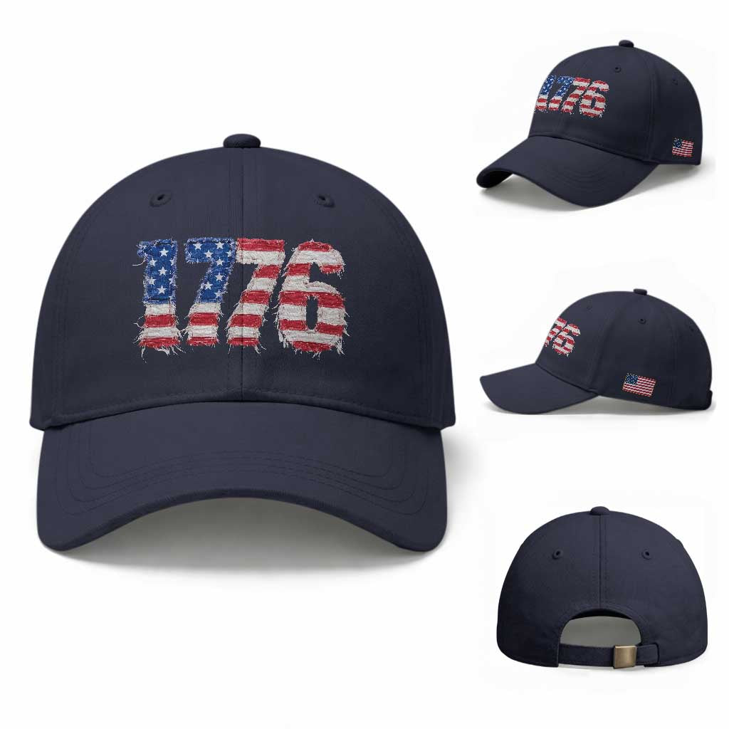 Distressed Faux Patchwork 1776 USA Flag Baseball Cap Vintage Effect Printing Patriotic Graphic 4th Of July Independence Day