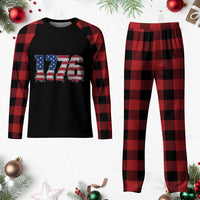 Distressed Faux Patchwork 1776 USA Flag Plaid Pajama Set Vintage Effect Printing Patriotic Graphic 4th Of July Independence Day