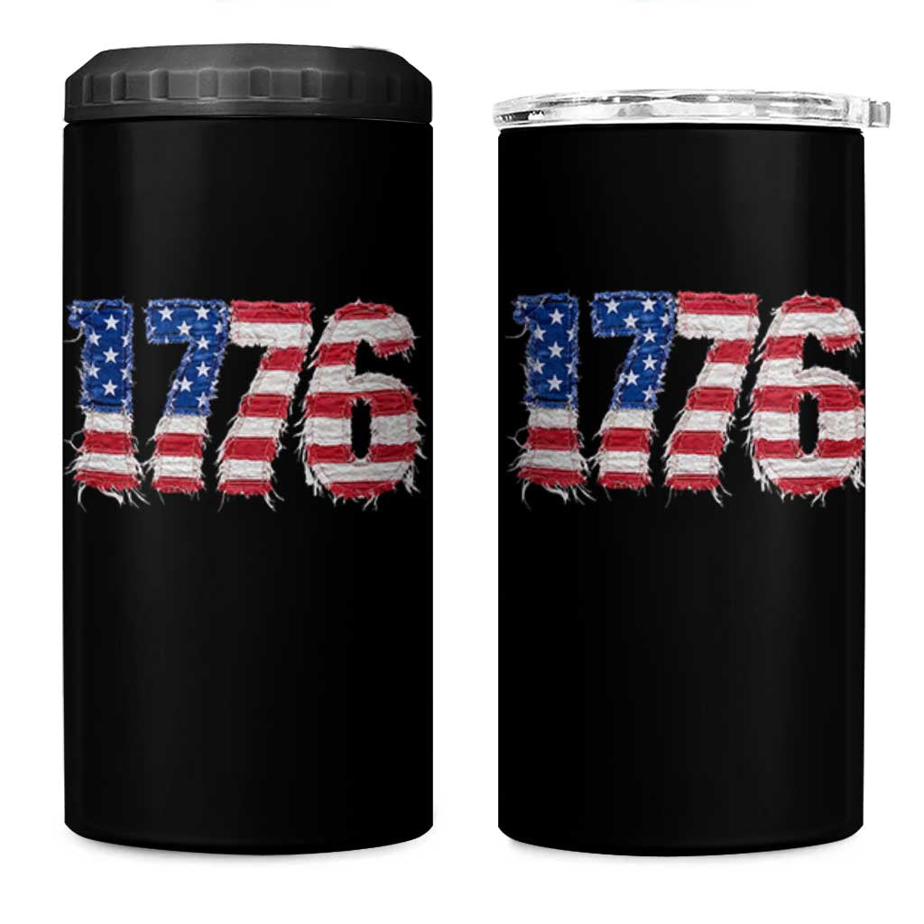 Distressed Faux Patchwork 1776 USA Flag 4 in 1 Can Cooler Tumbler Vintage Effect Printing Patriotic Graphic 4th Of July Independence Day