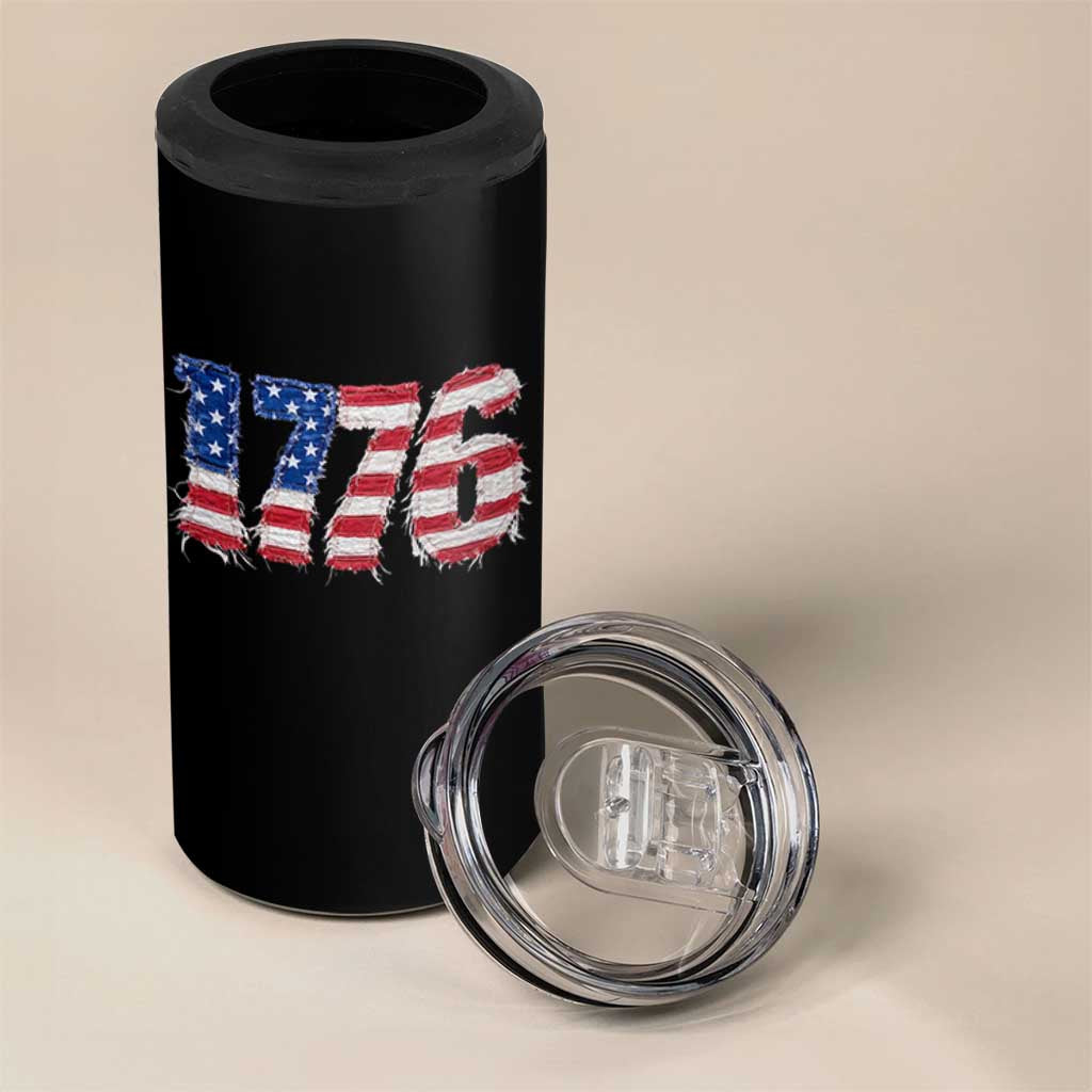Distressed Faux Patchwork 1776 USA Flag 4 in 1 Can Cooler Tumbler Vintage Effect Printing Patriotic Graphic 4th Of July Independence Day