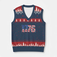 Distressed Faux Patchwork 1776 USA Flag V-Neck Knit Sweater Vest Vintage Effect Printing Patriotic Graphic 4th Of July Independence Day