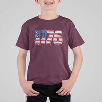 Distressed Faux Patchwork 1776 USA Flag T Shirt For Kid Vintage Effect Printing Patriotic Graphic 4th Of July Independence Day