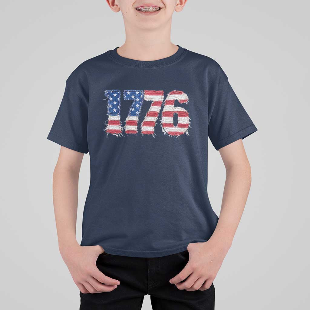 Distressed Faux Patchwork 1776 USA Flag T Shirt For Kid Vintage Effect Printing Patriotic Graphic 4th Of July Independence Day
