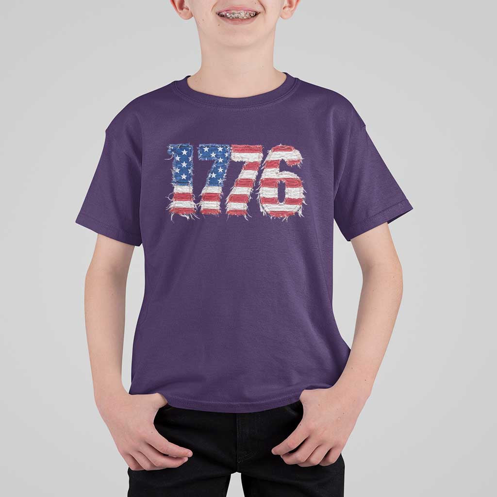Distressed Faux Patchwork 1776 USA Flag T Shirt For Kid Vintage Effect Printing Patriotic Graphic 4th Of July Independence Day