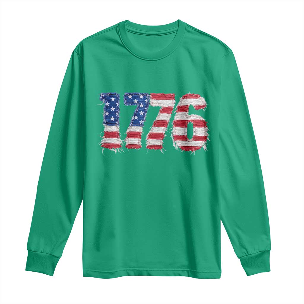 Distressed Faux Patchwork 1776 USA Flag Long Sleeve Shirt Vintage Effect Printing Patriotic Graphic 4th Of July Independence Day