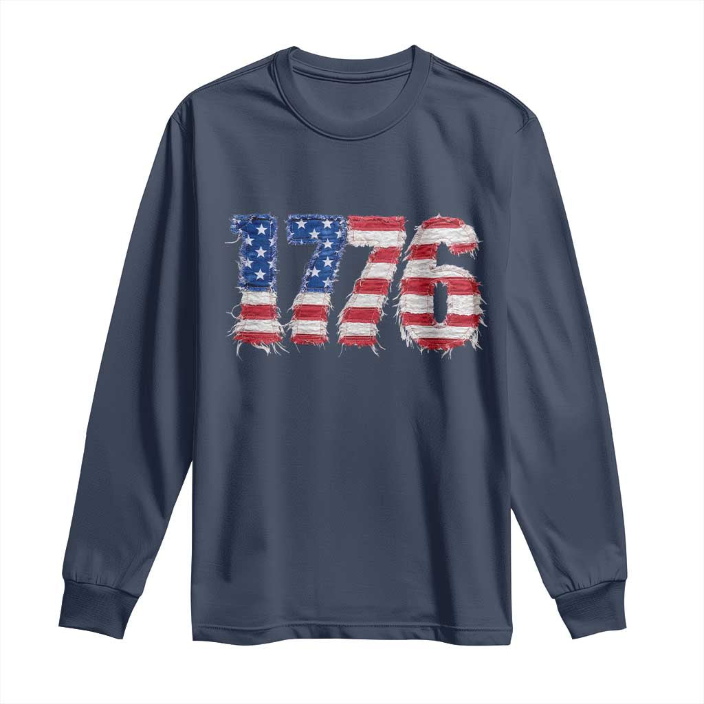 Distressed Faux Patchwork 1776 USA Flag Long Sleeve Shirt Vintage Effect Printing Patriotic Graphic 4th Of July Independence Day