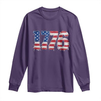 Distressed Faux Patchwork 1776 USA Flag Long Sleeve Shirt Vintage Effect Printing Patriotic Graphic 4th Of July Independence Day