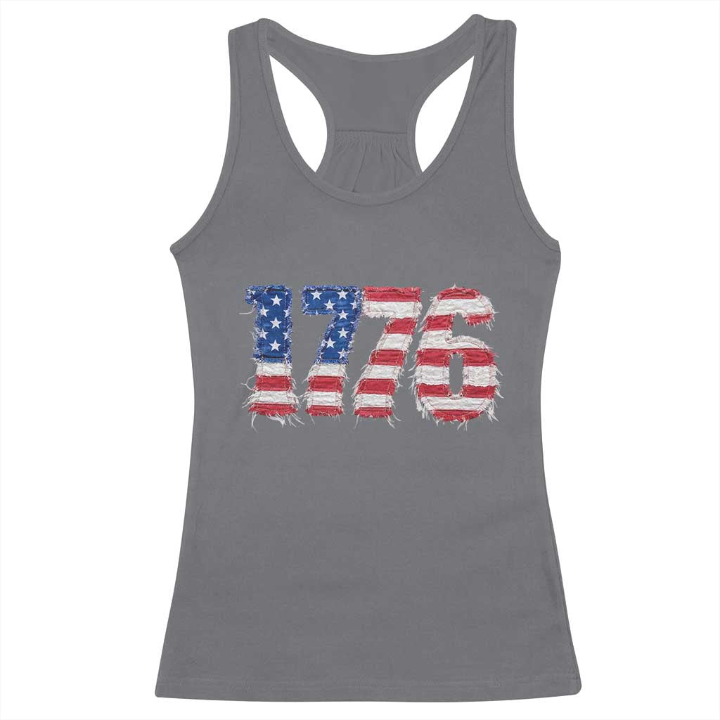 Distressed Faux Patchwork 1776 USA Flag Racerback Tank Top Vintage Effect Printing Patriotic Graphic 4th Of July Independence Day