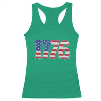 Distressed Faux Patchwork 1776 USA Flag Racerback Tank Top Vintage Effect Printing Patriotic Graphic 4th Of July Independence Day