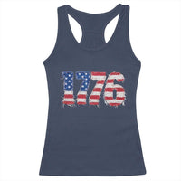 Distressed Faux Patchwork 1776 USA Flag Racerback Tank Top Vintage Effect Printing Patriotic Graphic 4th Of July Independence Day