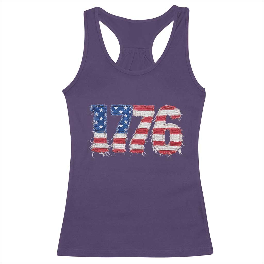 Distressed Faux Patchwork 1776 USA Flag Racerback Tank Top Vintage Effect Printing Patriotic Graphic 4th Of July Independence Day